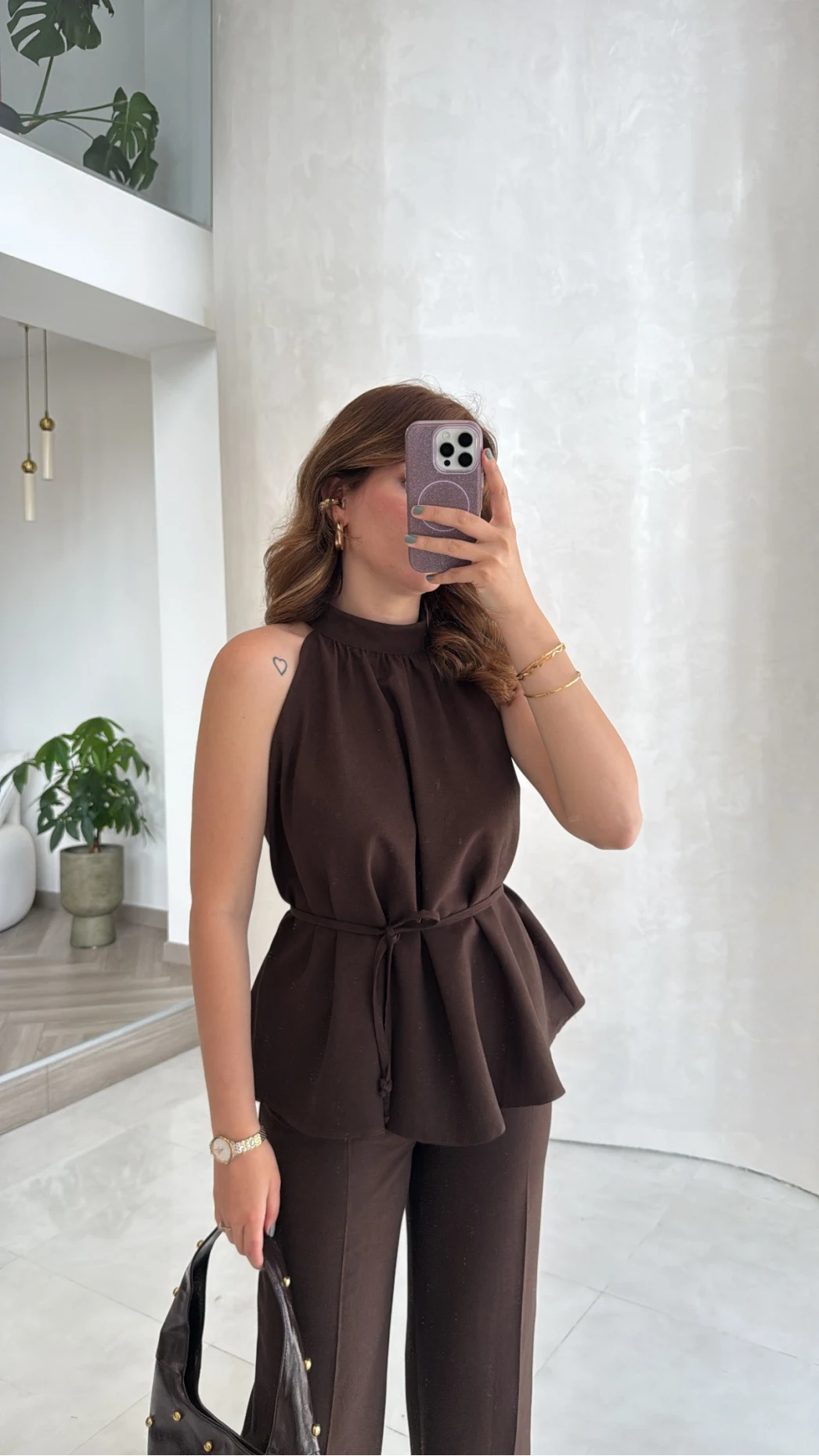 Reglan Kol Bağcıklı Takım - Kahve - Kod: 9145