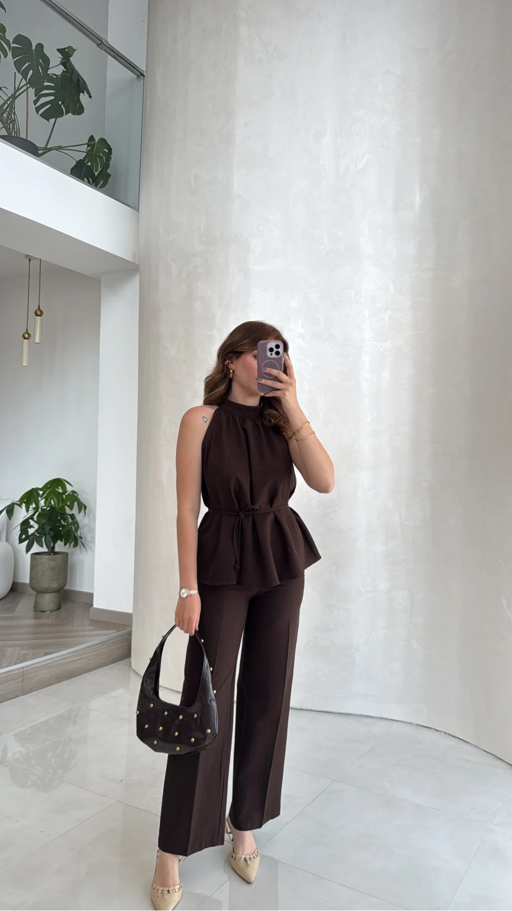 Reglan Kol Bağcıklı Takım - Kahve - Kod: 9145