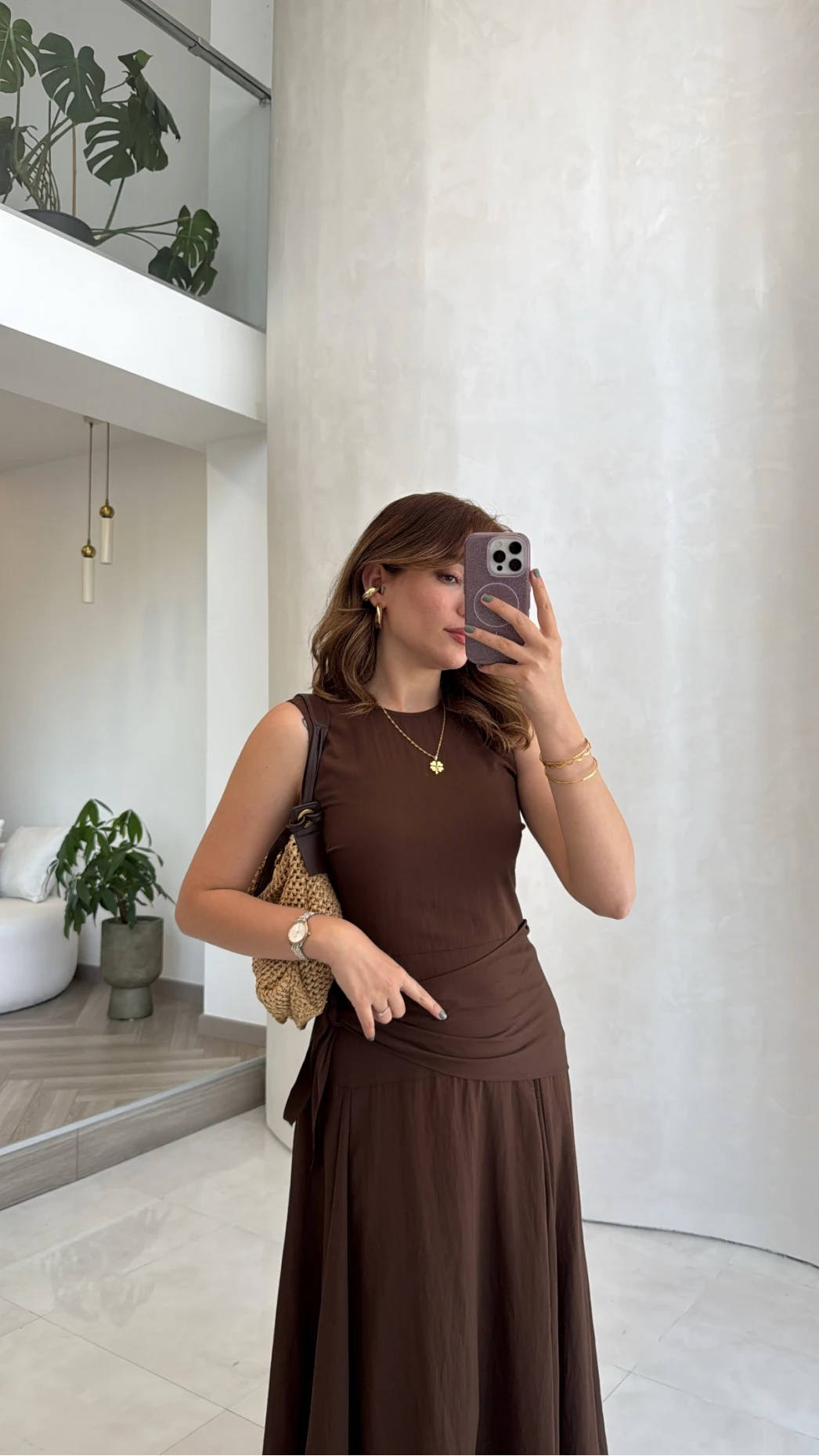 Şallı Sıfır Kol Elbise - Kahve - Kod: 3421