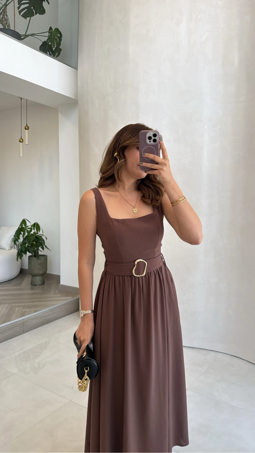 Büzgülü Kemerli Askılı Keten Elbise - Kahve - Kod: 3418