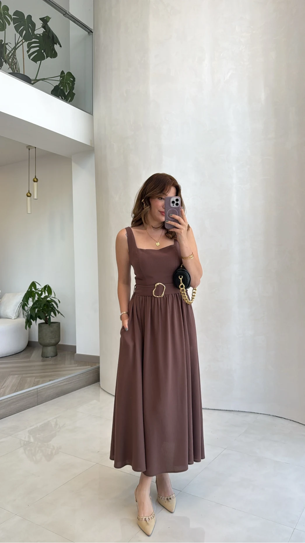 Büzgülü Kemerli Askılı Keten Elbise - Kahve - Kod: 3418