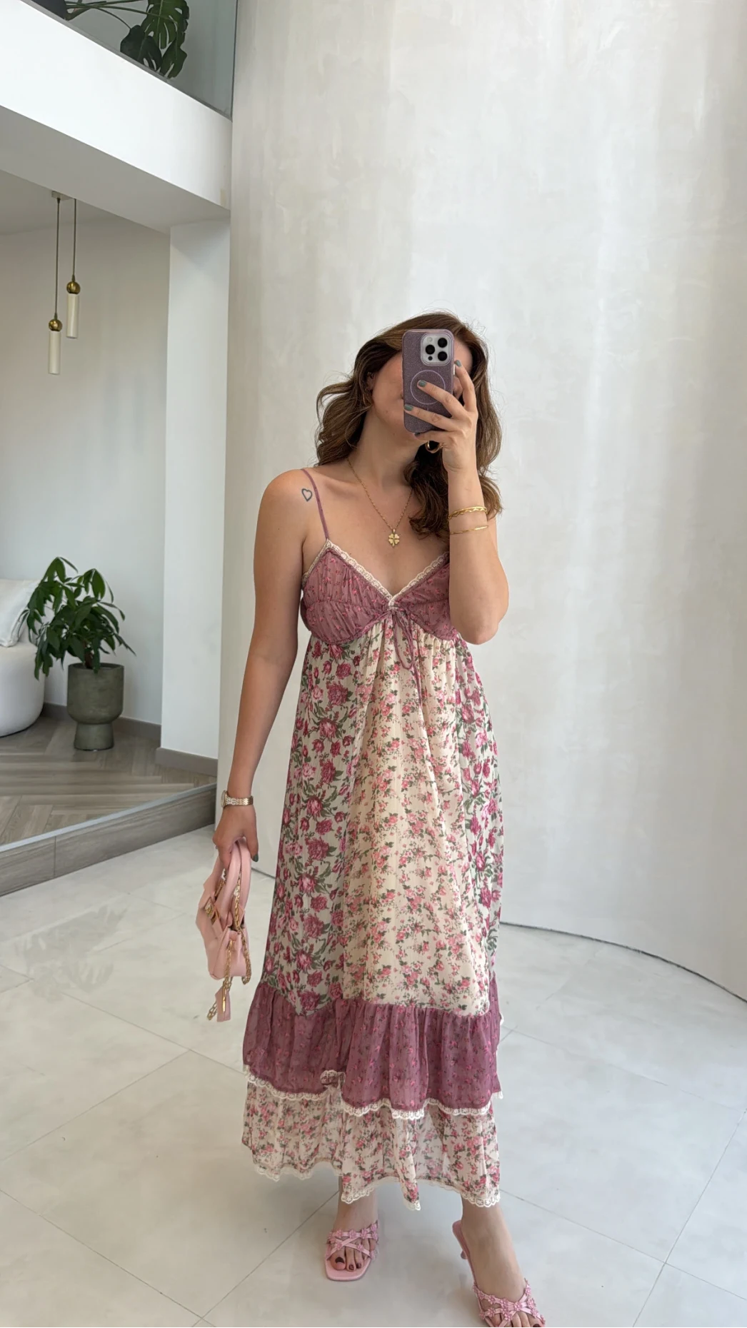 İp Askılı Çiçekli Şifon Elbise - Pembe - Kod: 580494