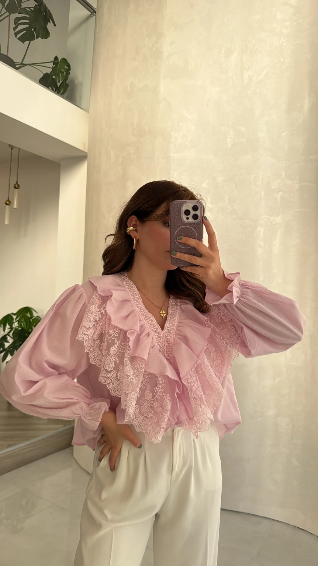 Dantel Fırfırlı Bluz - Pembe - Kod: 1077