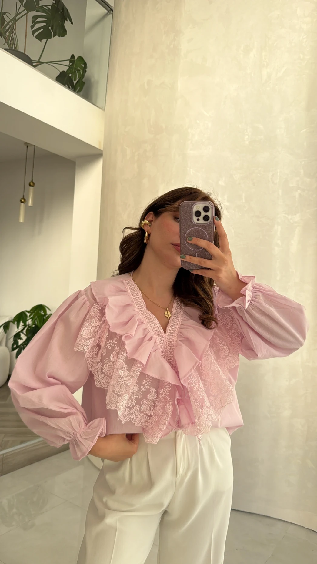 Dantel Fırfırlı Bluz - Pembe - Kod: 1077