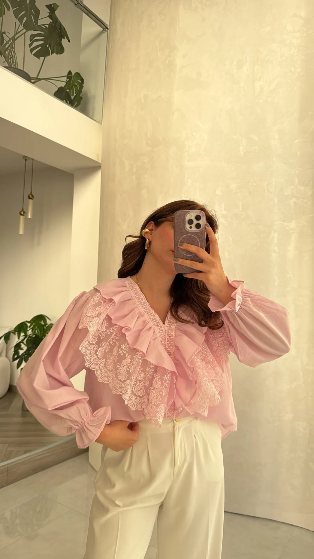 Dantel Fırfırlı Bluz - Pembe - Kod: 1077