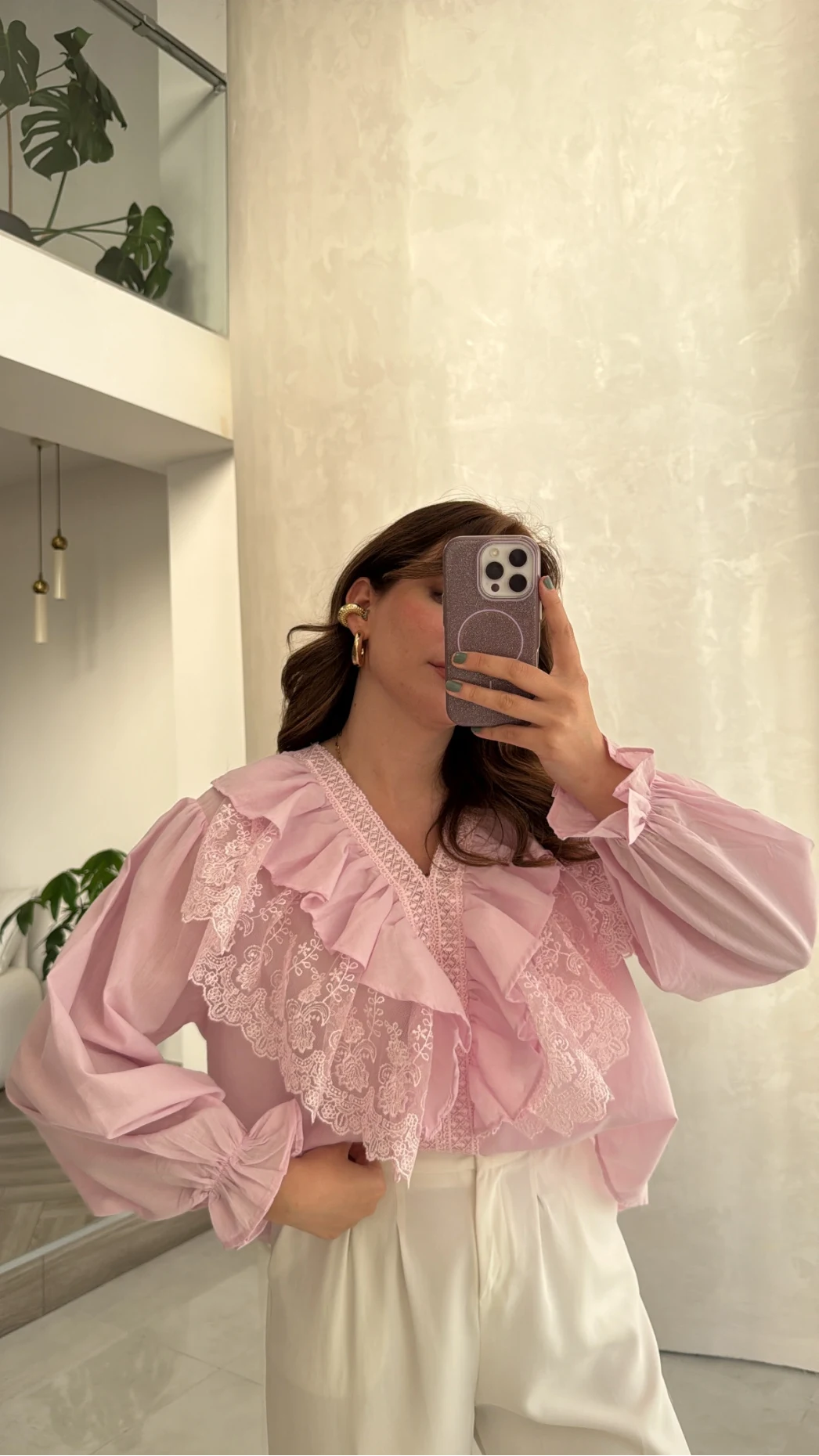 Dantel Fırfırlı Bluz - Pembe - Kod: 1077