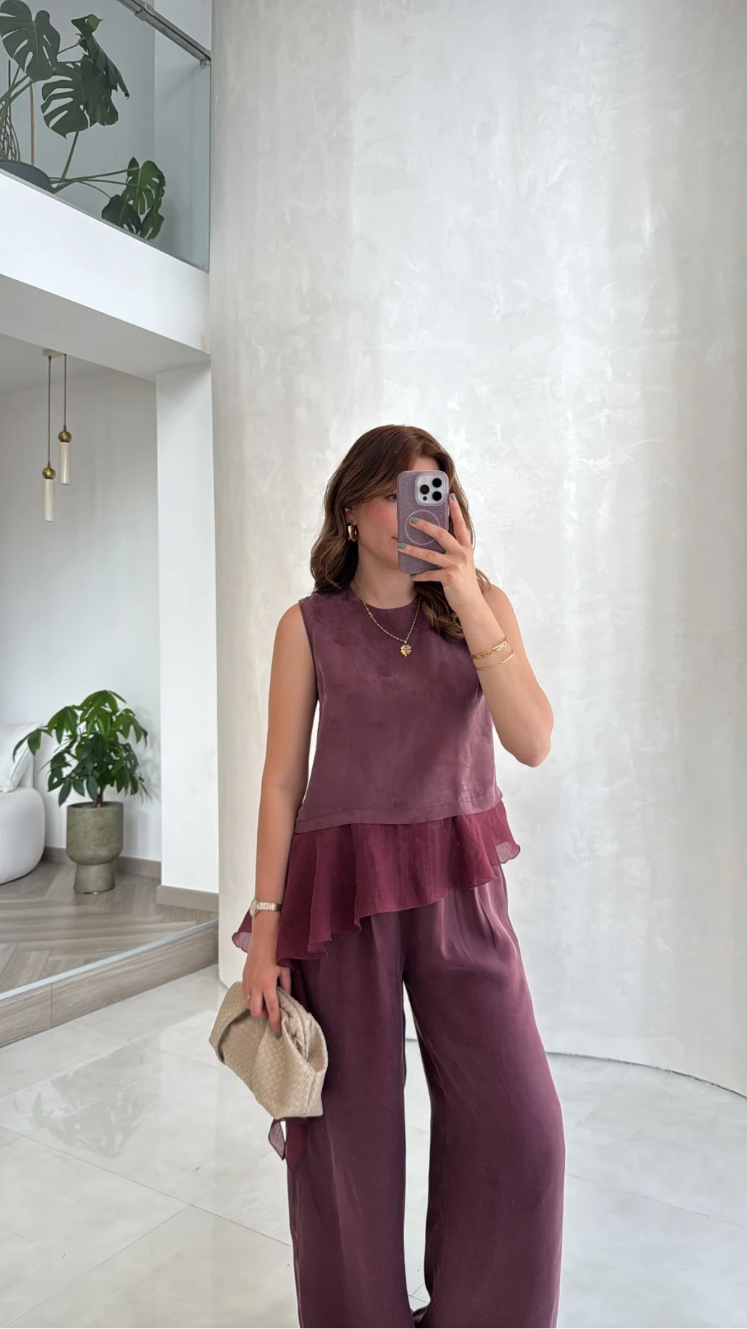 Garnili Sıfır Kol Bluz Pantolon Takım - Mürdüm - Kod: 51391