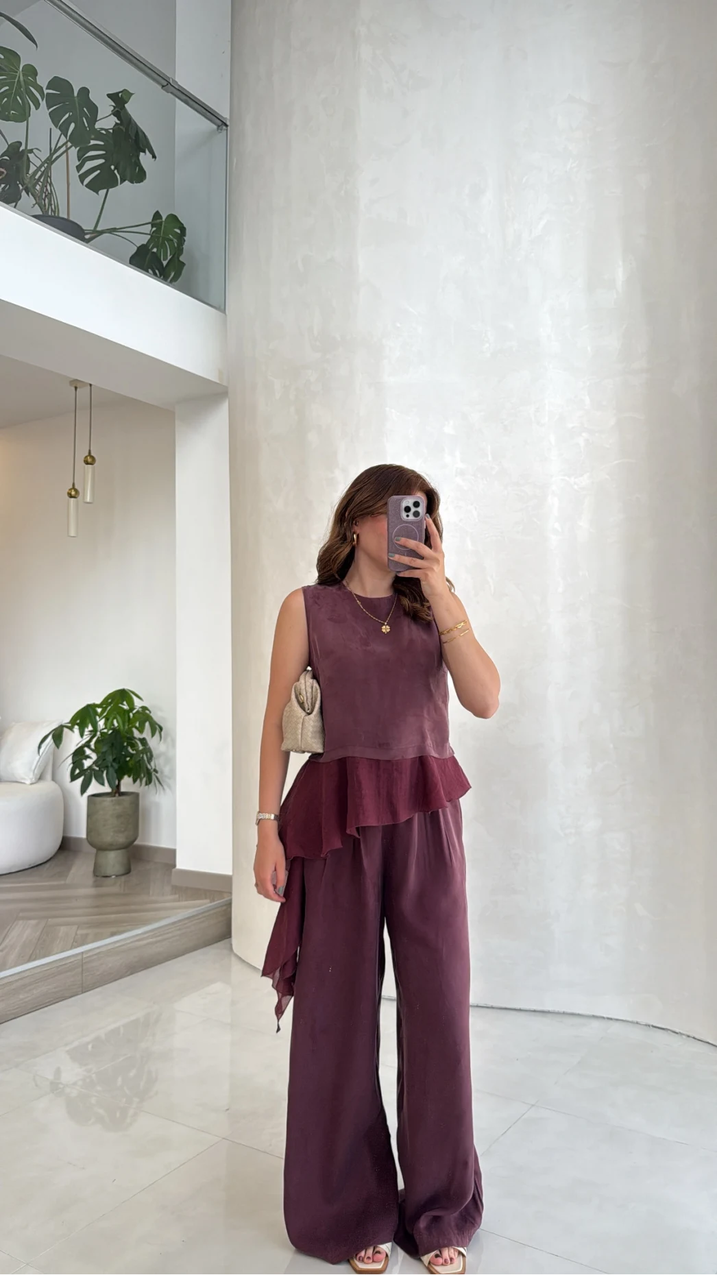 Garnili Sıfır Kol Bluz Pantolon Takım - Mürdüm - Kod: 51391