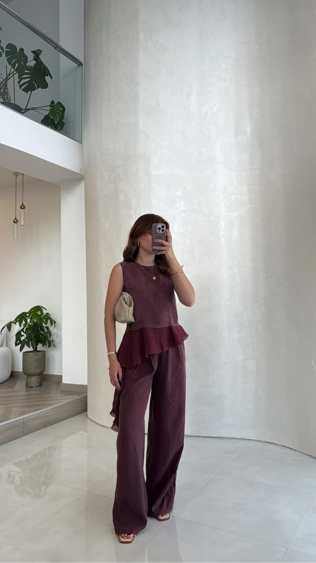Garnili Sıfır Kol Bluz Pantolon Takım - Mürdüm - Kod: 51391