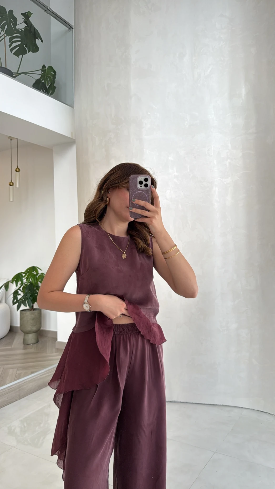 Garnili Sıfır Kol Bluz Pantolon Takım - Mürdüm - Kod: 51391