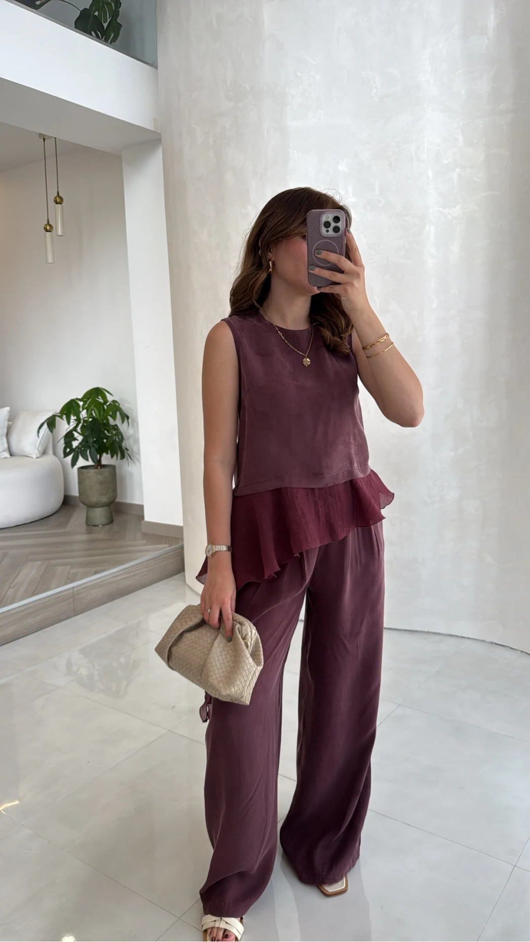 Garnili Sıfır Kol Bluz Pantolon Takım - Mürdüm - Kod: 51391