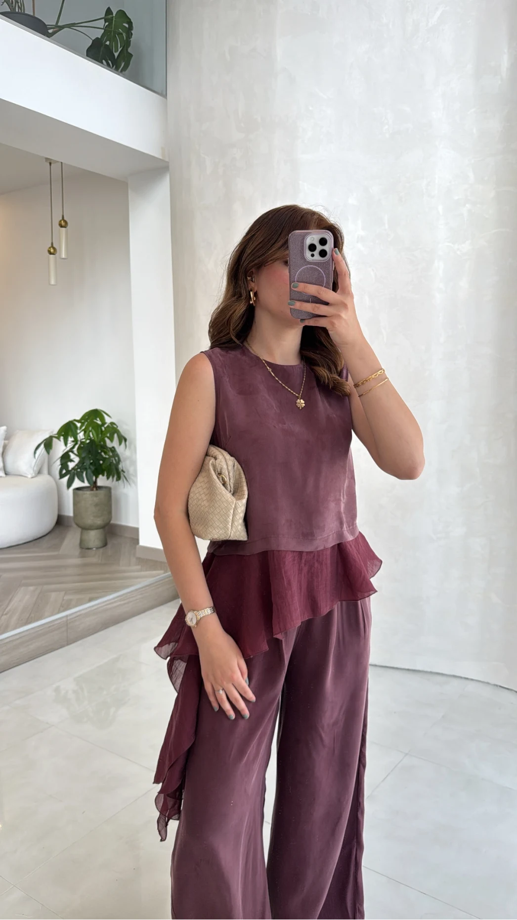 Garnili Sıfır Kol Bluz Pantolon Takım - Mürdüm - Kod: 51391