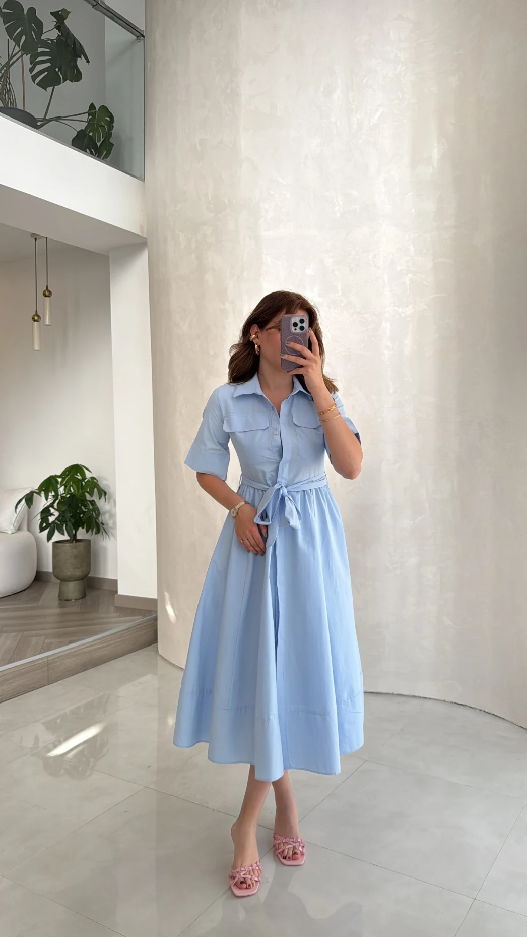 Yarım Kol Kuşaklı Gömlek Elbise - Mavi - Kod: 3087