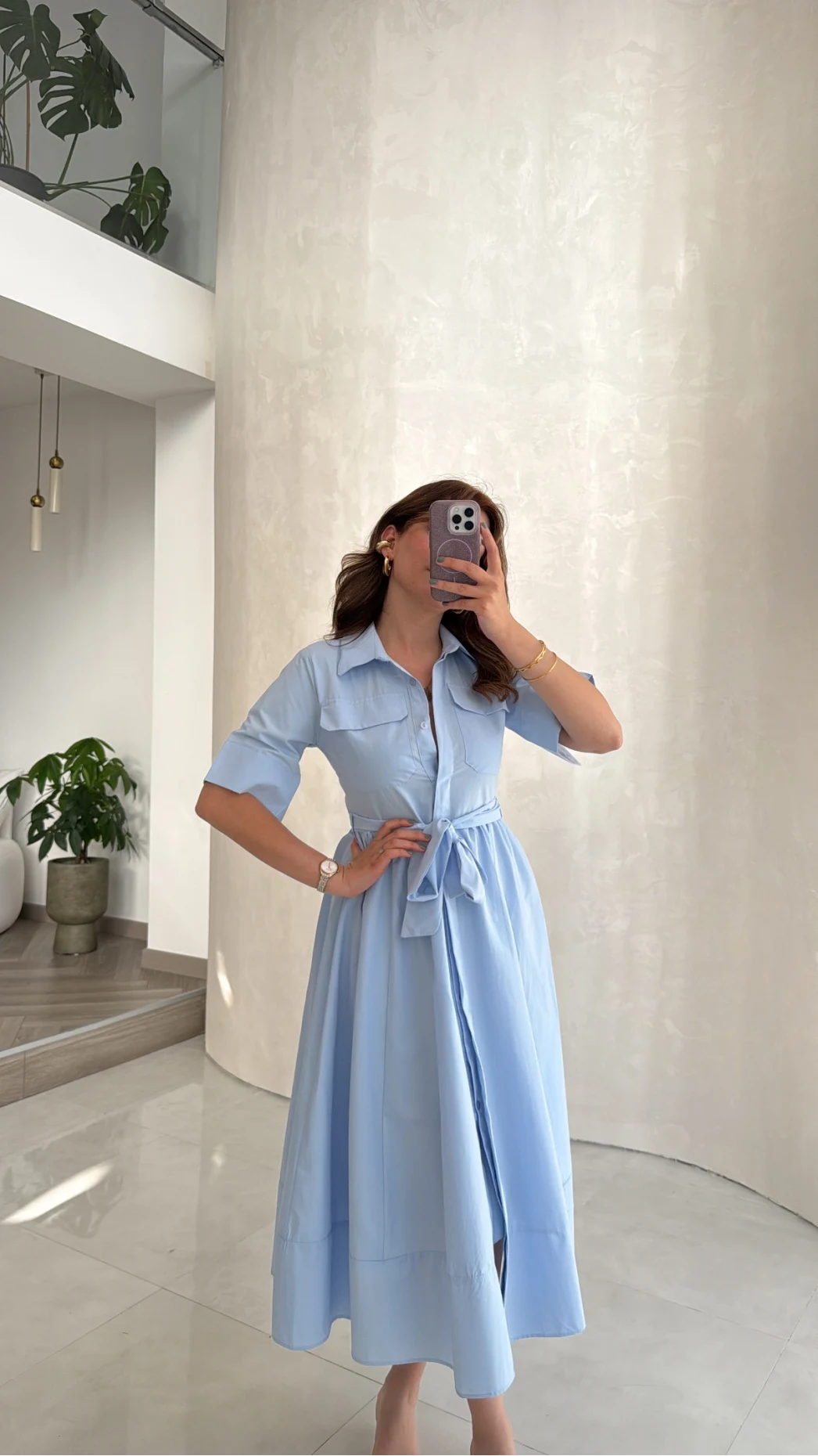 Yarım Kol Kuşaklı Gömlek Elbise - Mavi - Kod: 3087