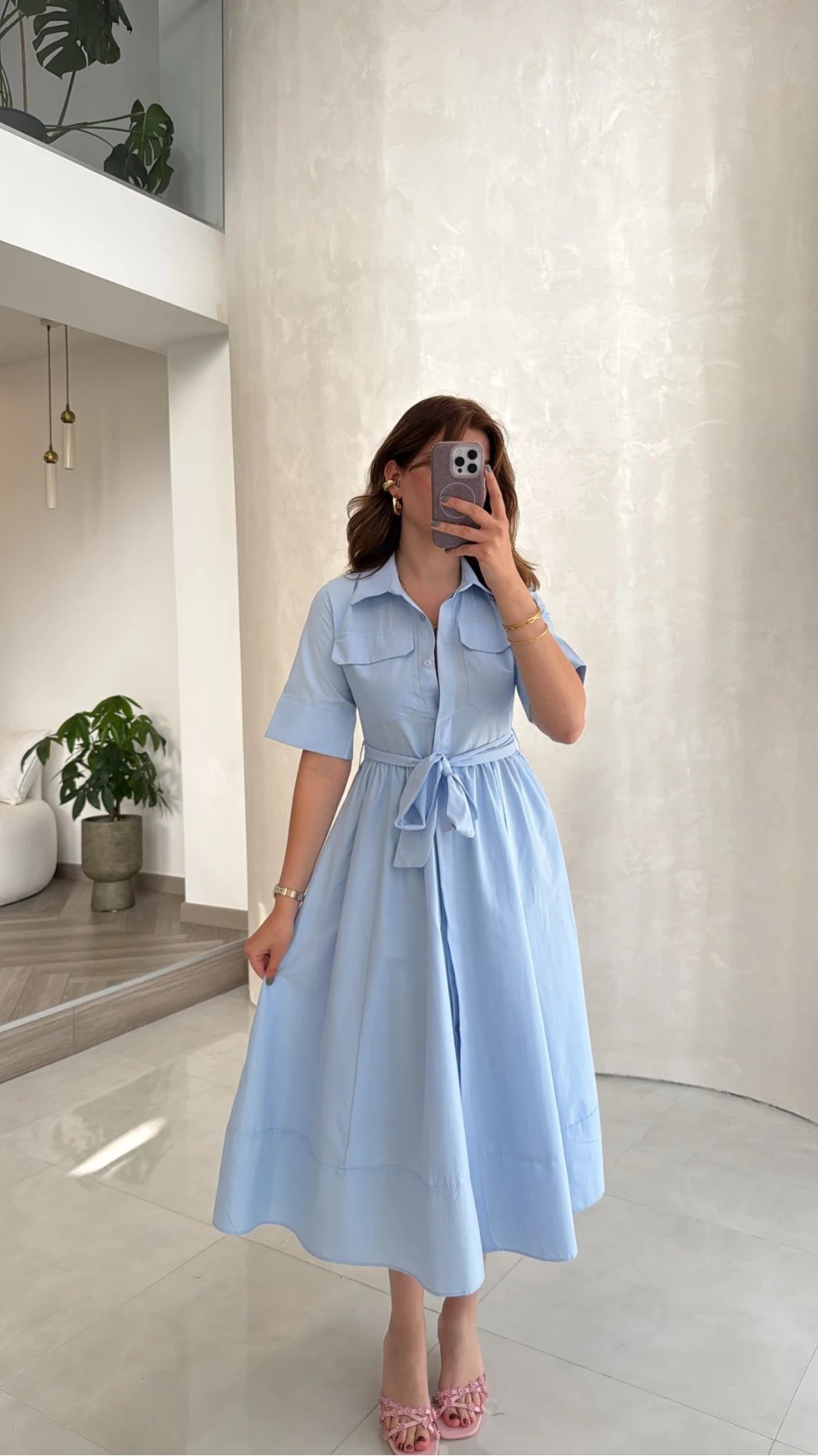 Yarım Kol Kuşaklı Gömlek Elbise - Mavi - Kod: 3087