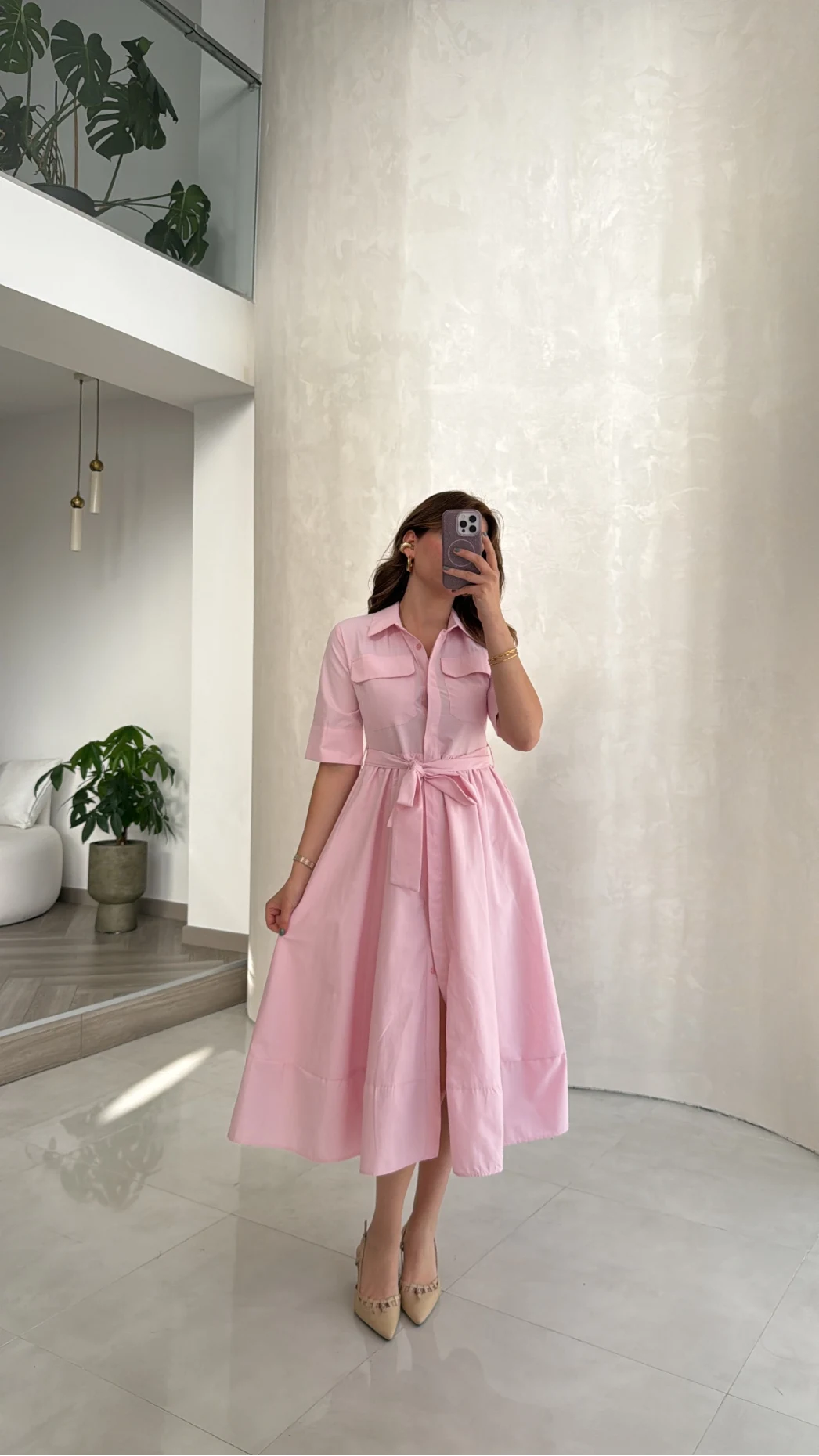 Yarım Kol Kuşaklı Gömlek Elbise - Pembe - Kod: 3087