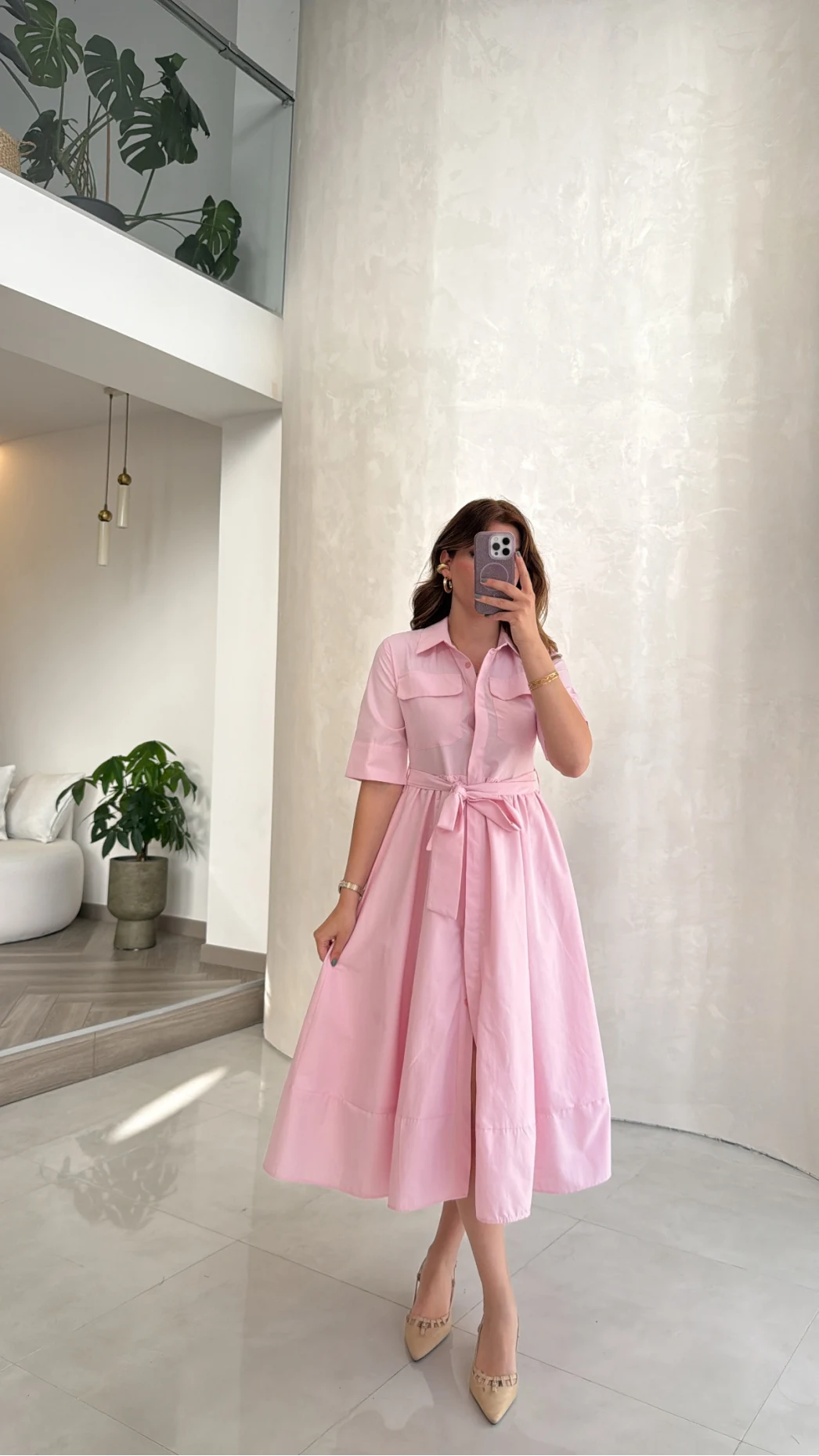 Yarım Kol Kuşaklı Gömlek Elbise - Pembe - Kod: 3087