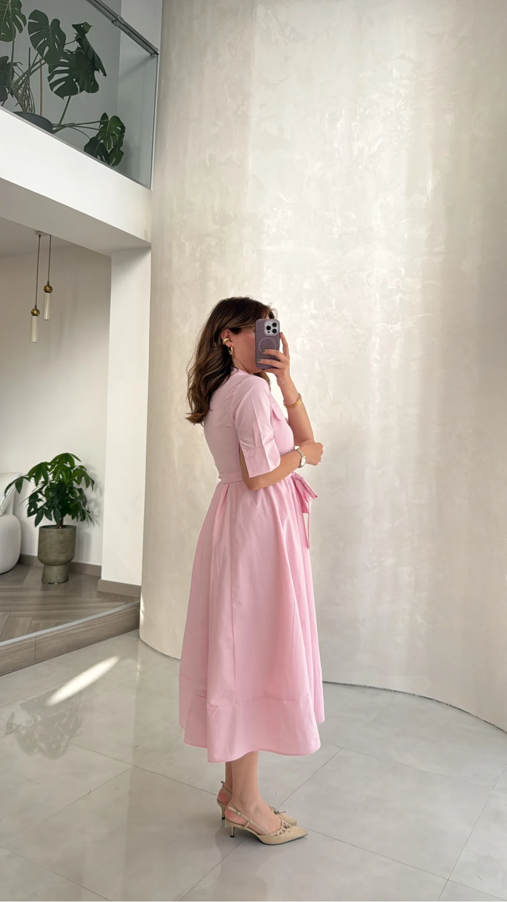 Yarım Kol Kuşaklı Gömlek Elbise - Pembe - Kod: 3087