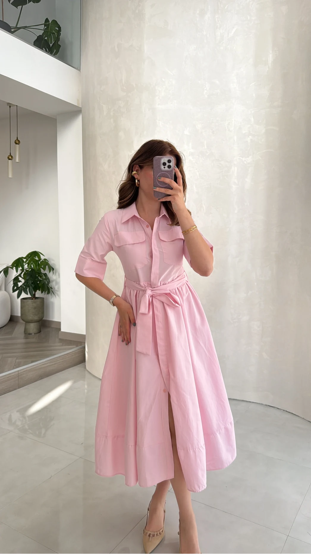 Yarım Kol Kuşaklı Gömlek Elbise - Pembe - Kod: 3087