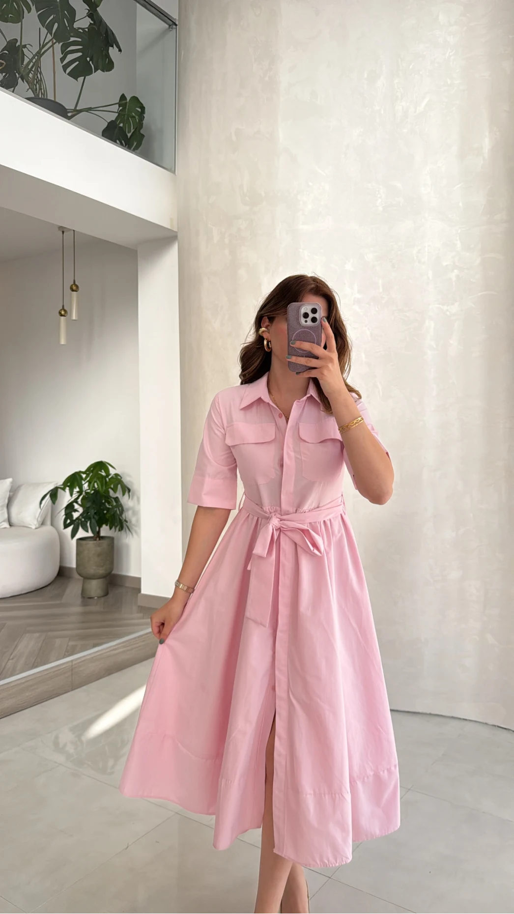 Yarım Kol Kuşaklı Gömlek Elbise - Pembe - Kod: 3087