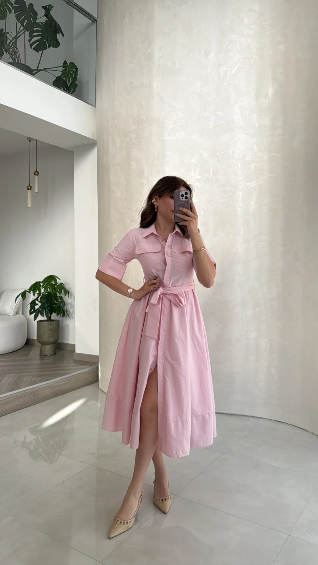 Yarım Kol Kuşaklı Gömlek Elbise - Pembe - Kod: 3087