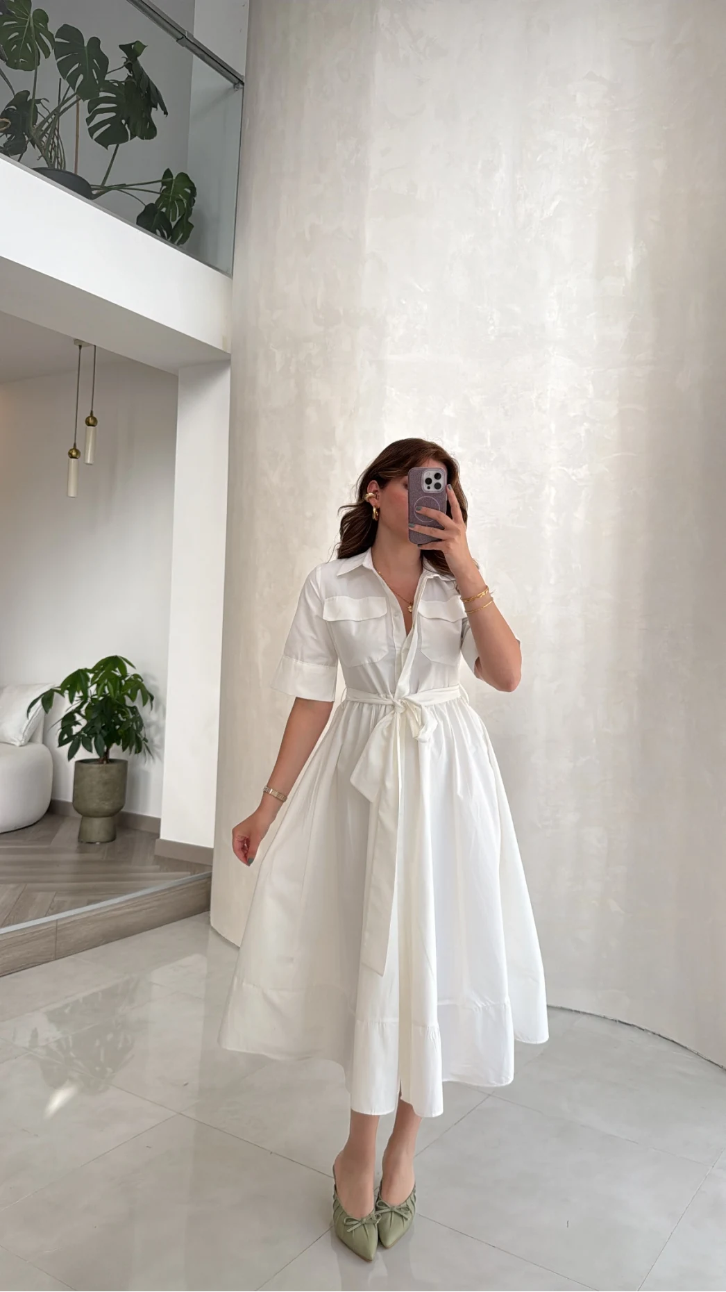 Yarım Kol Kuşaklı Gömlek Elbise - Beyaz - Kod: 3087