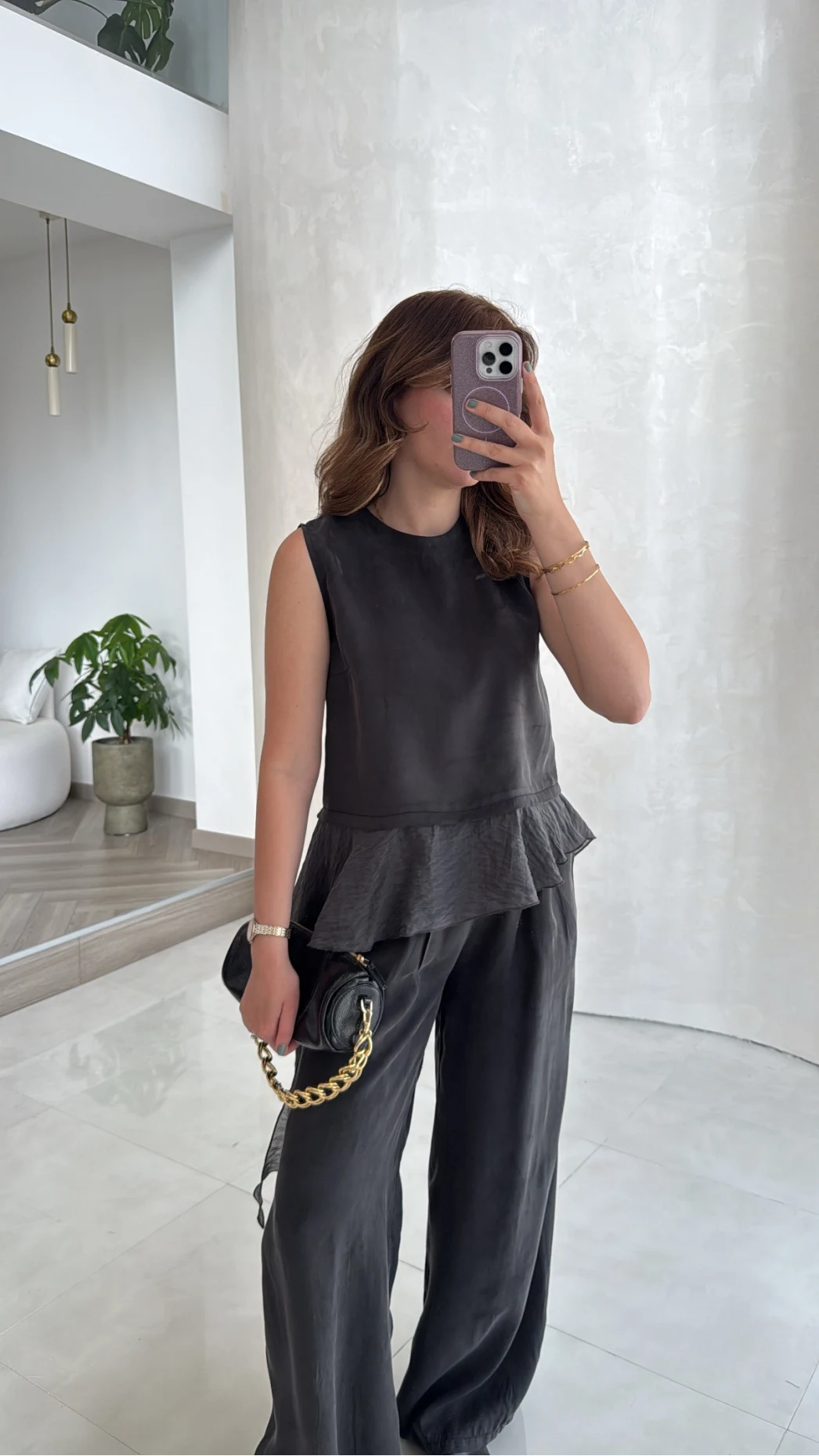 Garnili Sıfır Kol Bluz Pantolon Takım - Siyah - Kod: 51391