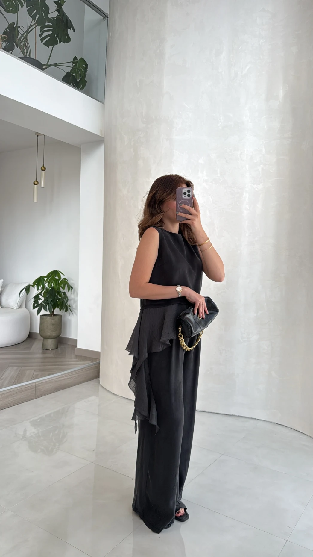 Garnili Sıfır Kol Bluz Pantolon Takım - Siyah - Kod: 51391