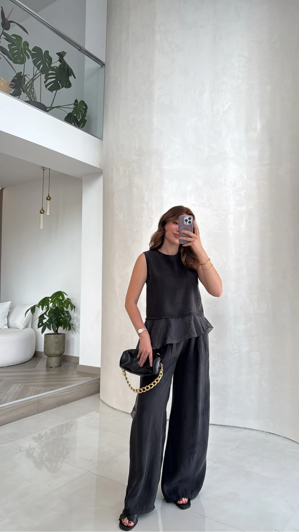 Garnili Sıfır Kol Bluz Pantolon Takım - Siyah - Kod: 51391