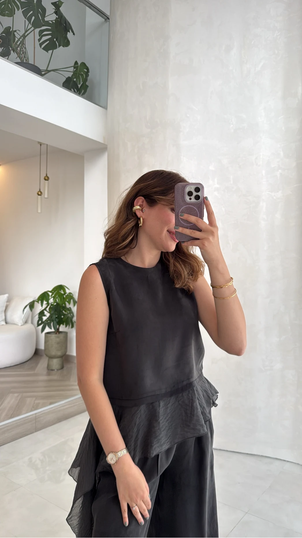 Garnili Sıfır Kol Bluz Pantolon Takım - Siyah - Kod: 51391