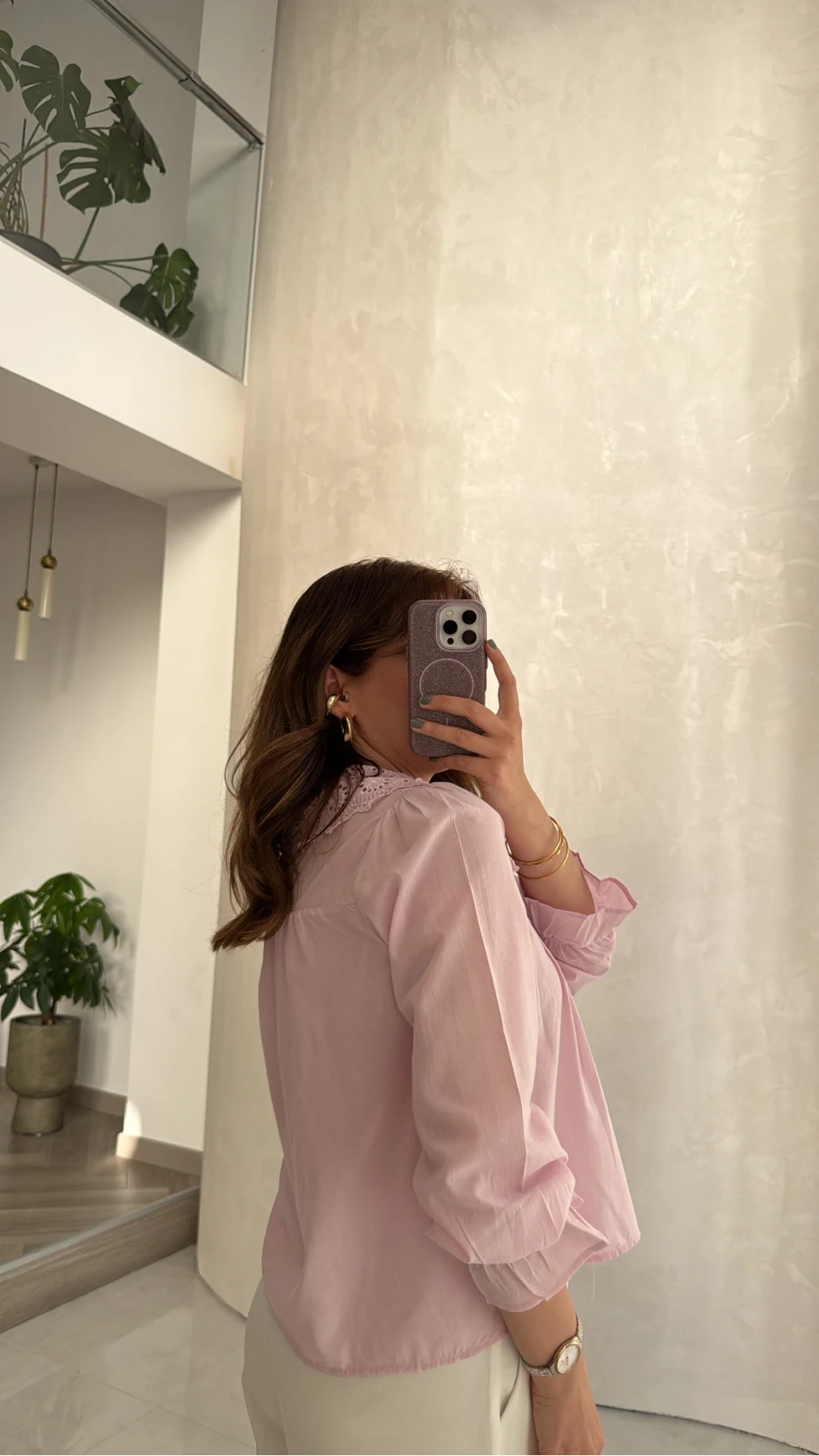 Dantelli Bebe Yaka Gömlek - Pembe - Kod: 2263
