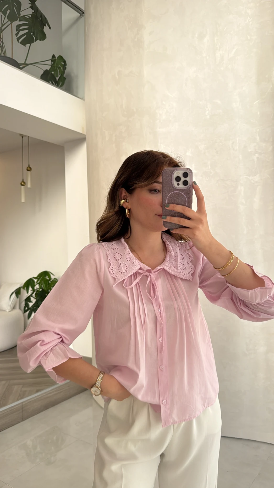 Dantelli Bebe Yaka Gömlek - Pembe - Kod: 2263
