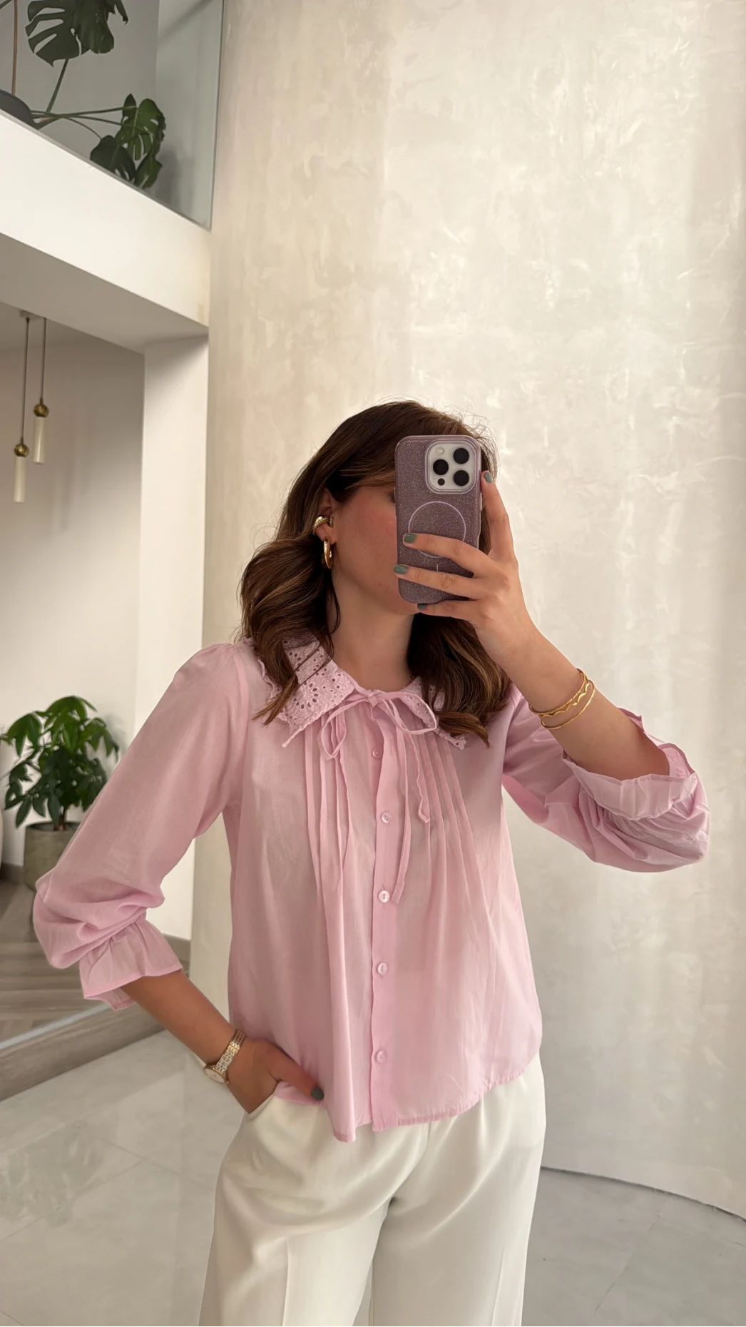 Dantelli Bebe Yaka Gömlek - Pembe - Kod: 2263