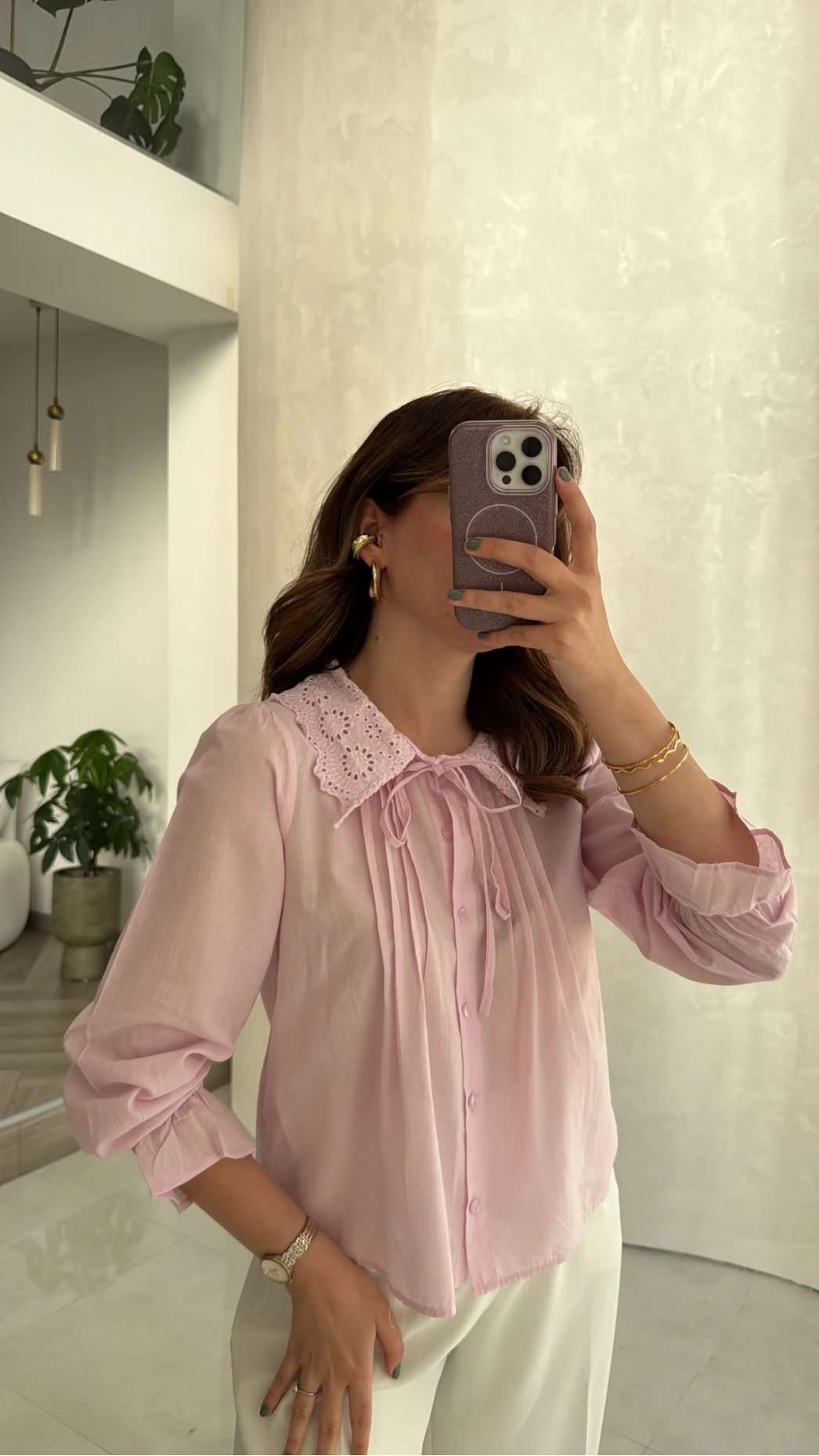 Dantelli Bebe Yaka Gömlek - Pembe - Kod: 2263