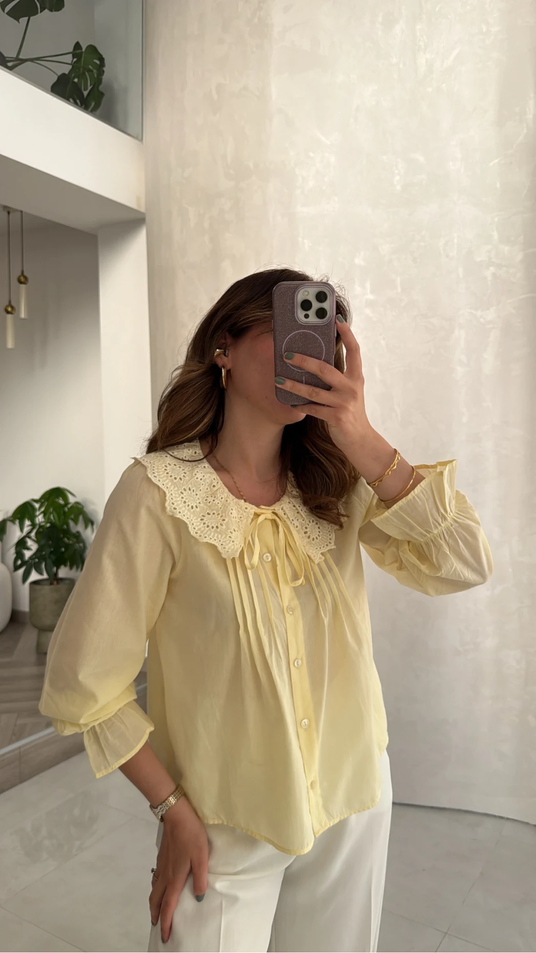Dantelli Bebe Yaka Gömlek - Sarı - Kod: 2263
