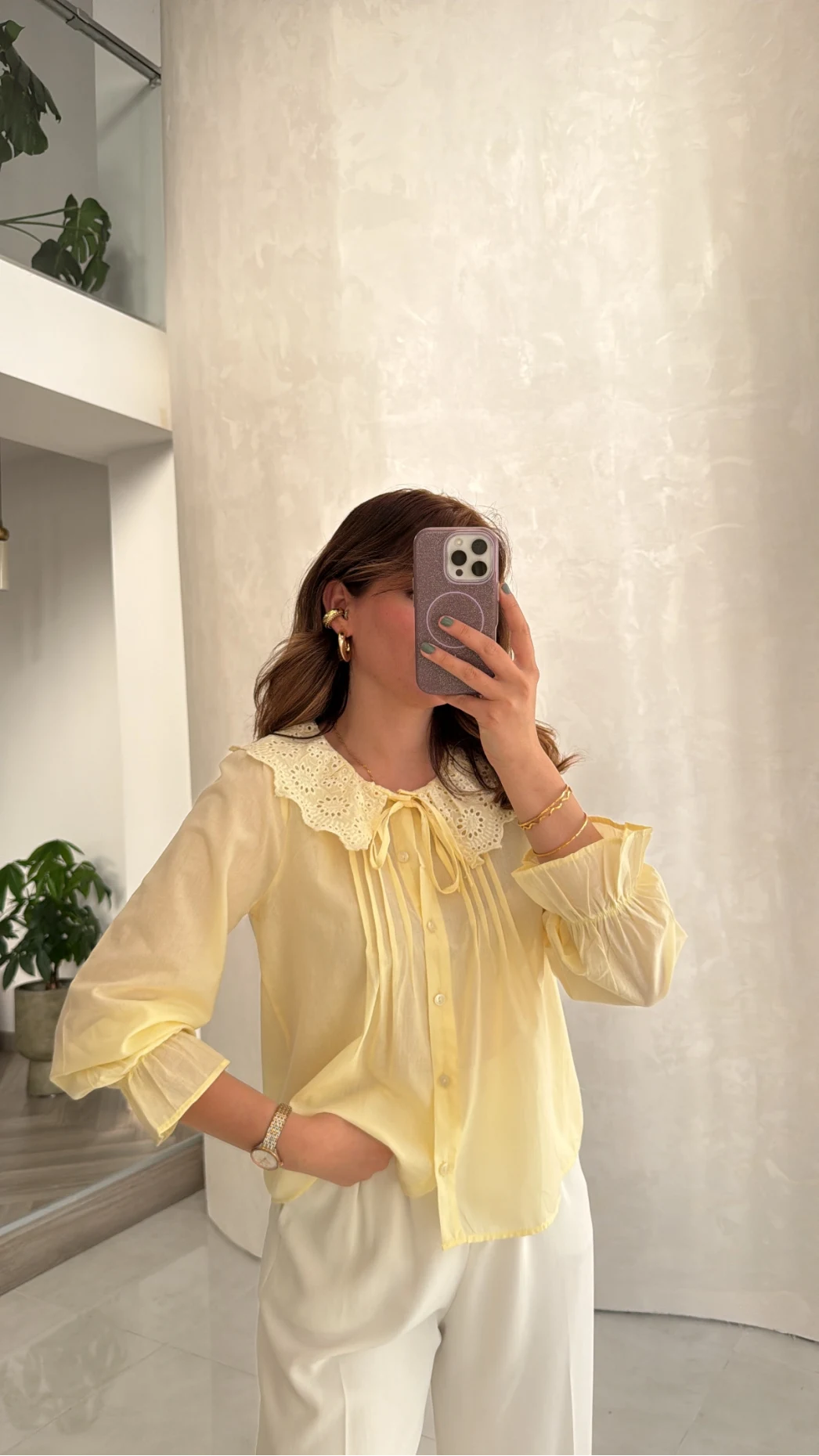 Dantelli Bebe Yaka Gömlek - Sarı - Kod: 2263