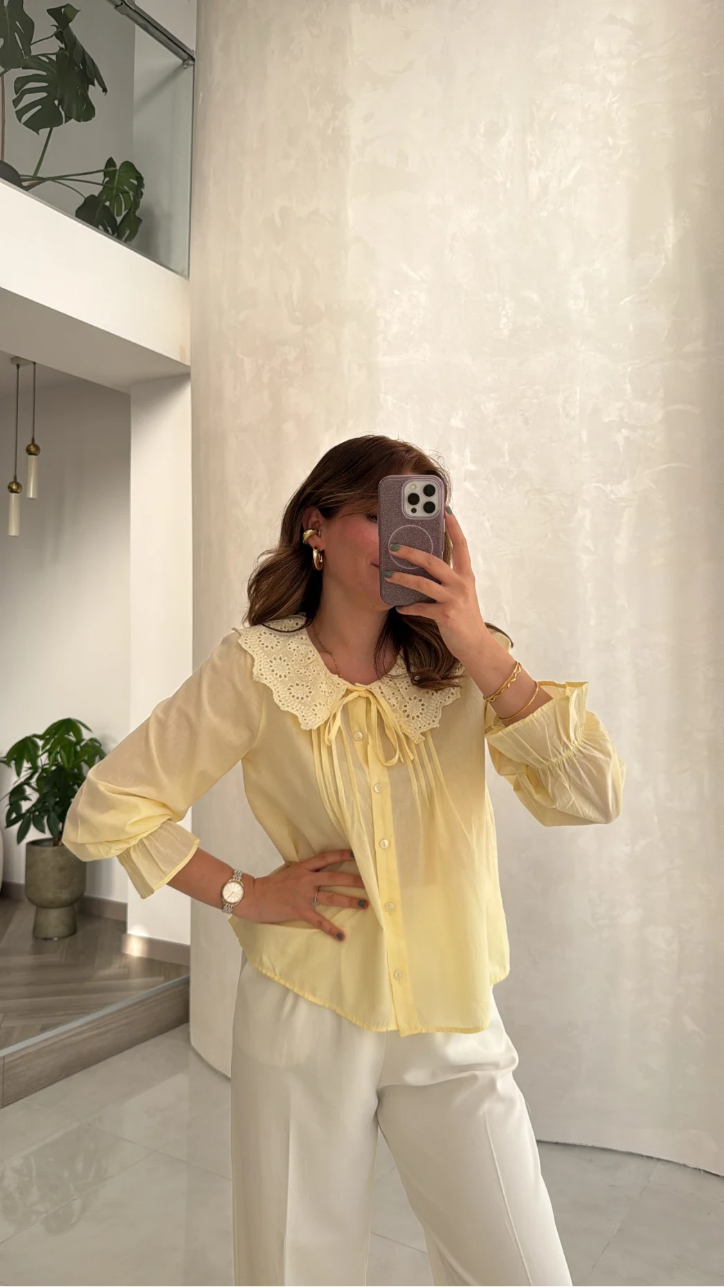 Dantelli Bebe Yaka Gömlek - Sarı - Kod: 2263