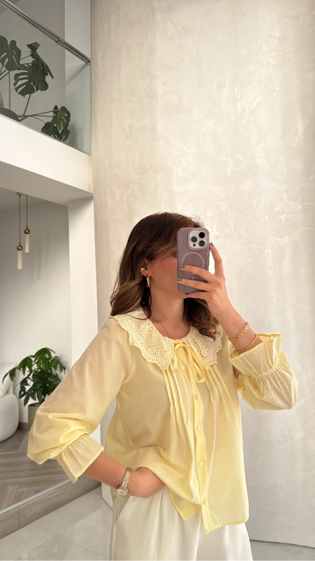 Dantelli Bebe Yaka Gömlek - Sarı - Kod: 2263