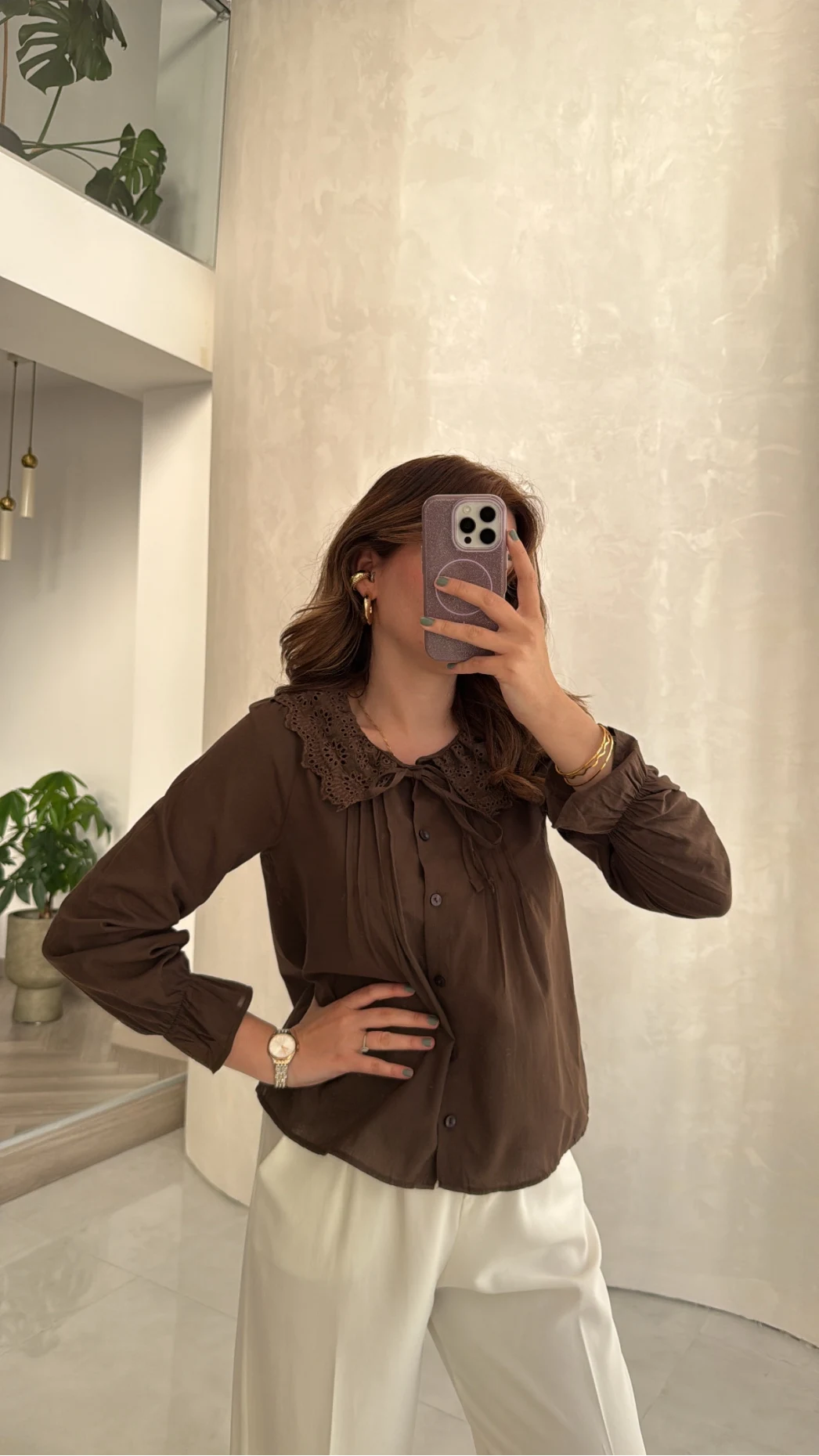 Dantelli Bebe Yaka Gömlek - Acı Kahve - Kod: 2263