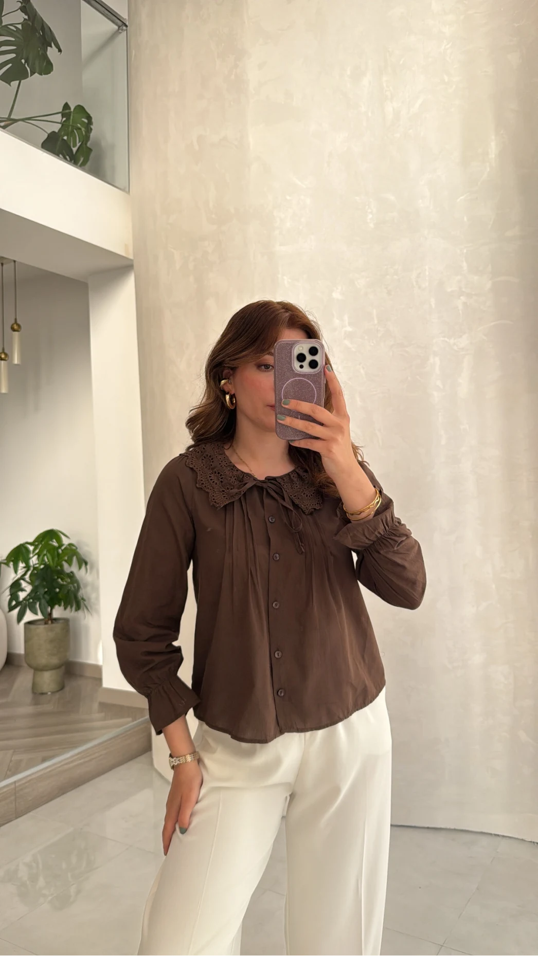 Dantelli Bebe Yaka Gömlek - Acı Kahve - Kod: 2263