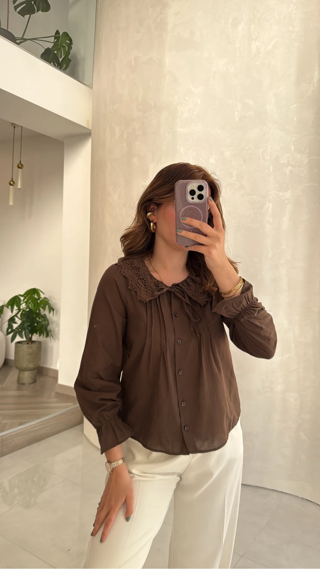 Dantelli Bebe Yaka Gömlek - Acı Kahve - Kod: 2263