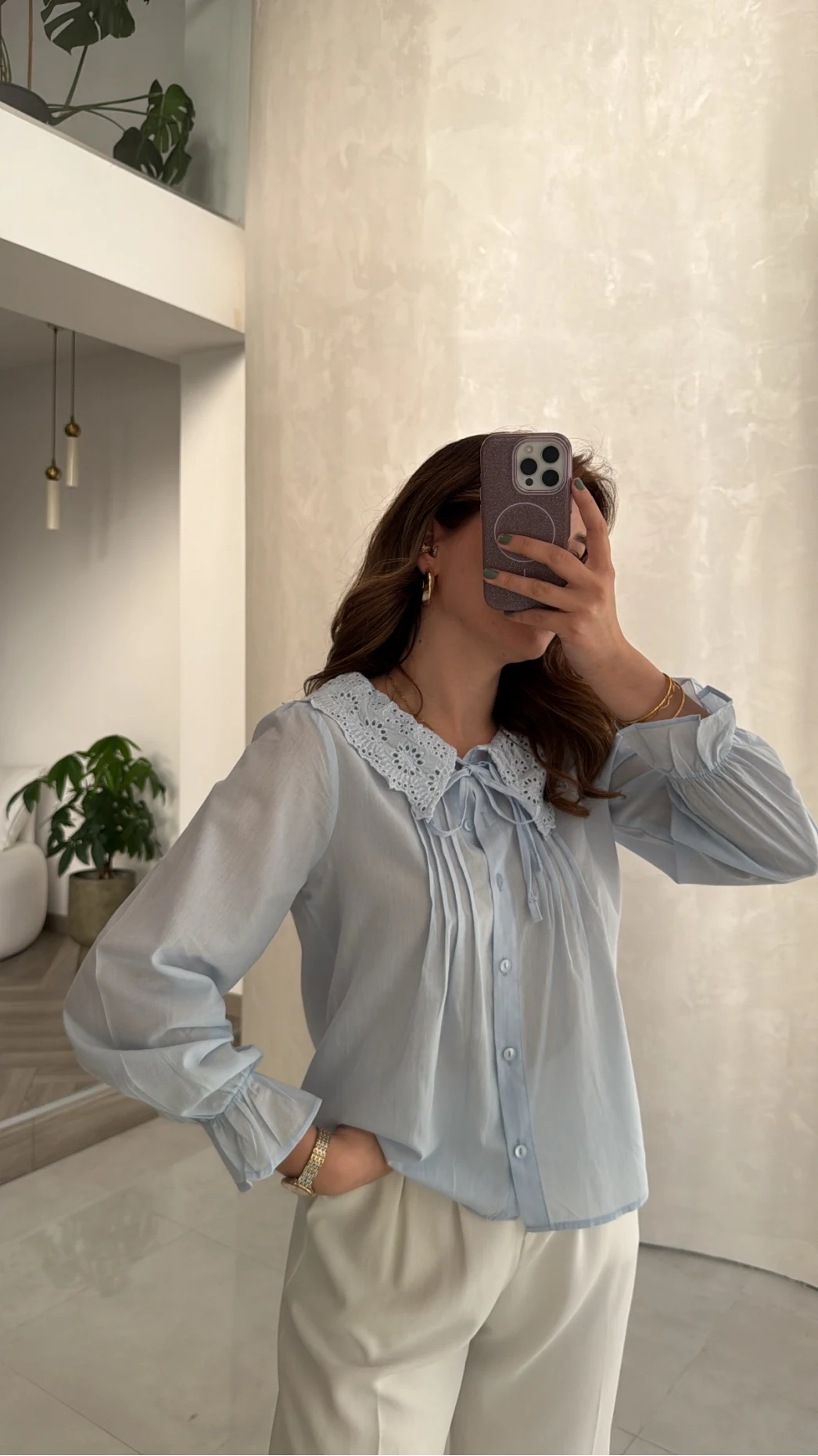 Dantelli Bebe Yaka Gömlek - Bebe Mavisi - Kod: 2263
