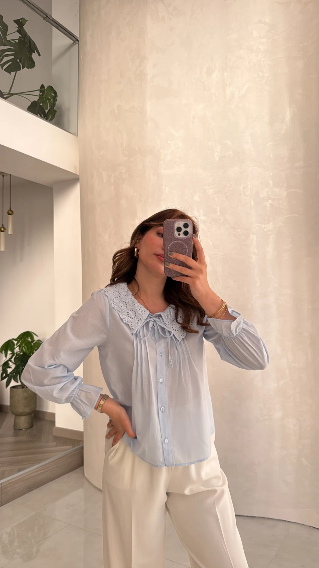 Dantelli Bebe Yaka Gömlek - Bebe Mavisi - Kod: 2263