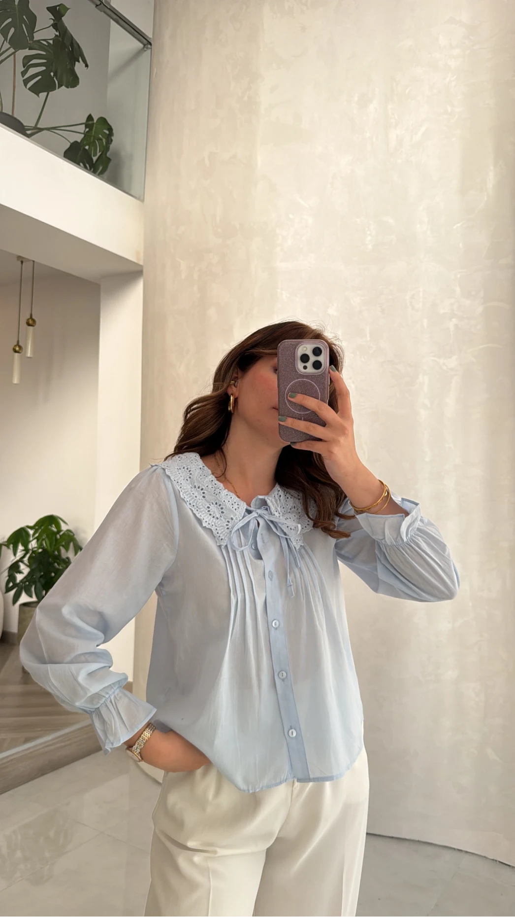 Dantelli Bebe Yaka Gömlek - Bebe Mavisi - Kod: 2263