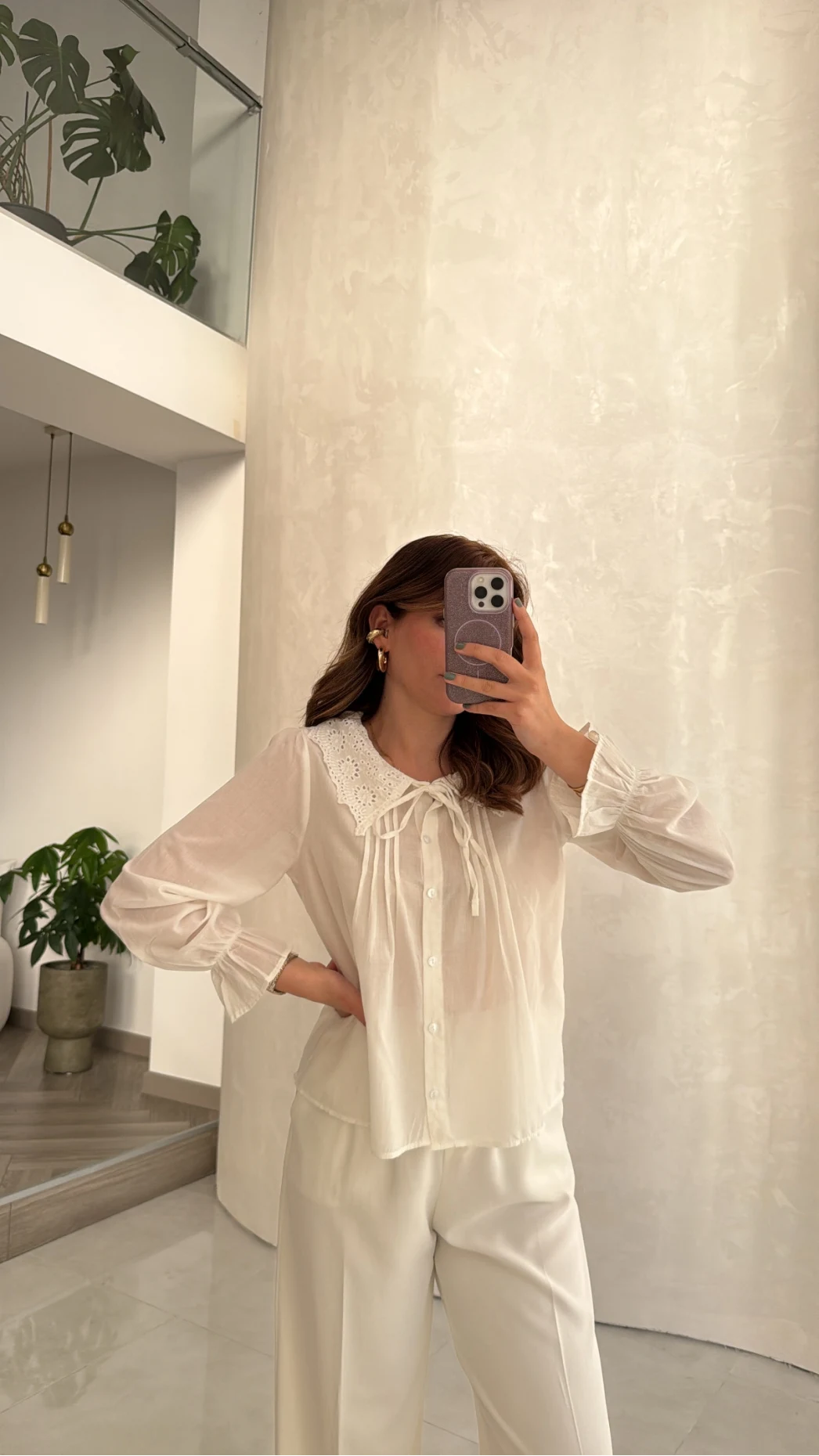 Dantelli Bebe Yaka Gömlek - Ekru - Kod: 2263