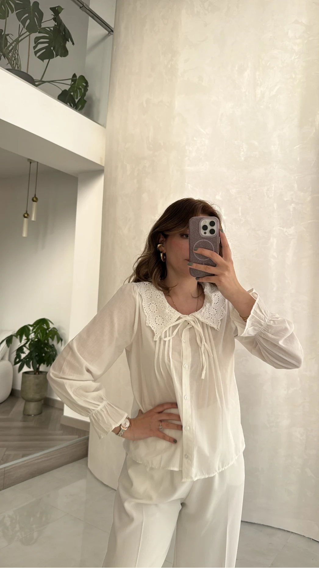 Dantelli Bebe Yaka Gömlek - Ekru - Kod: 2263