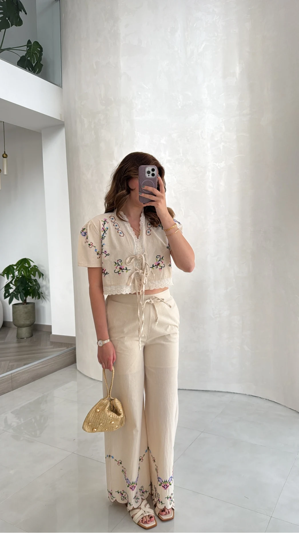 Bej Nakışlı Keten Pantolon Bluz Takım - Kod: 3032