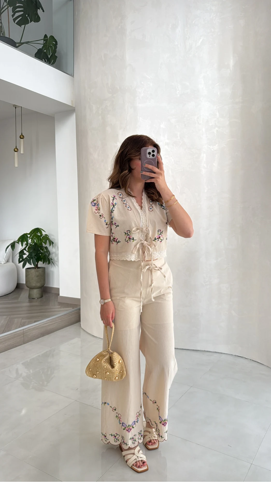 Bej Nakışlı Keten Pantolon Bluz Takım - Kod: 3032