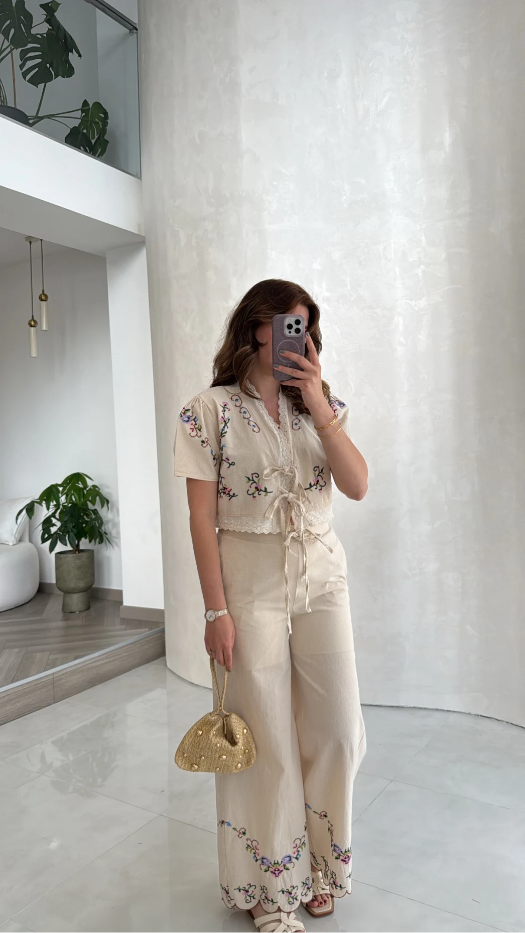Bej Nakışlı Keten Pantolon Bluz Takım - Kod: 3032