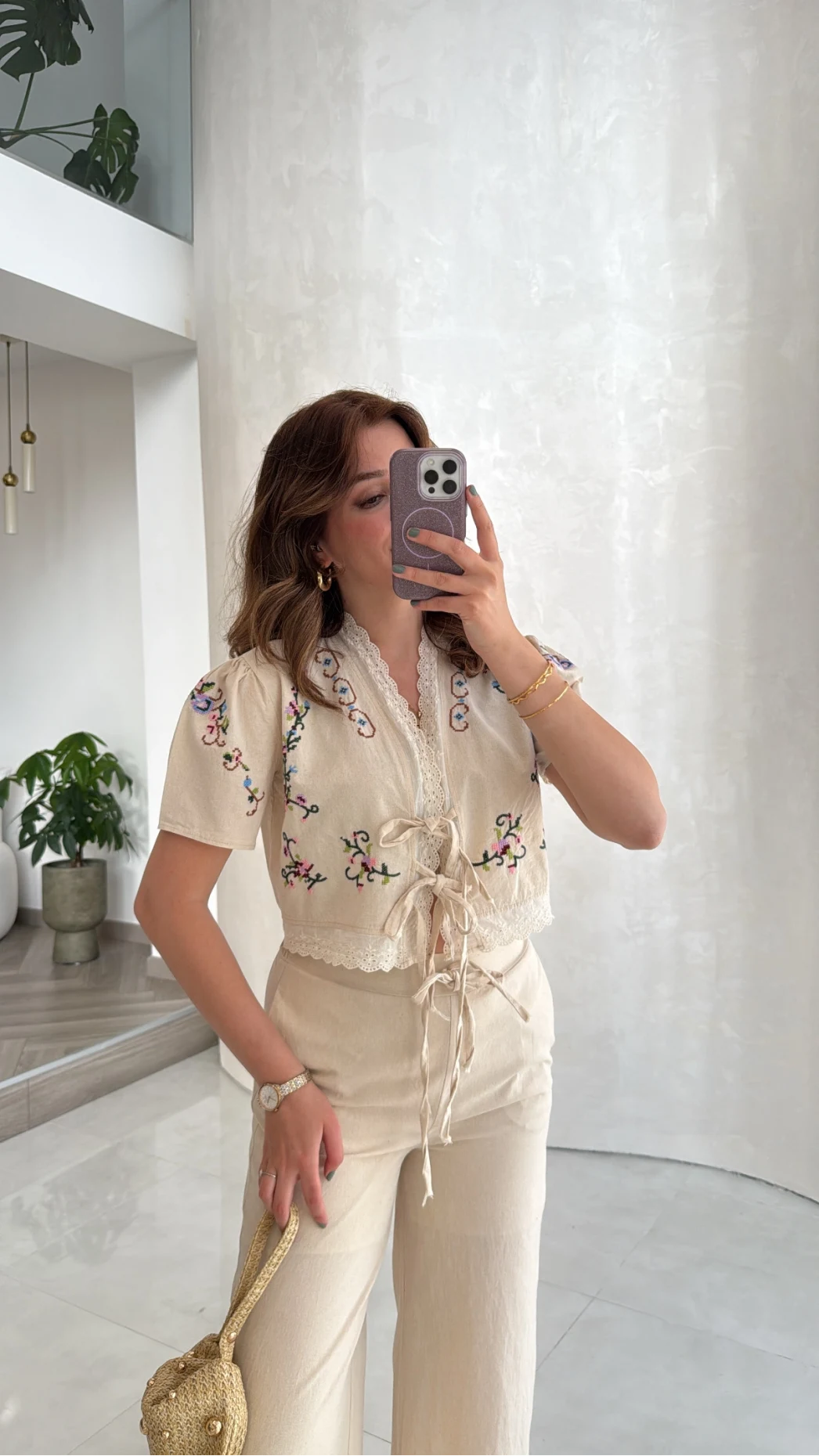 Bej Nakışlı Keten Pantolon Bluz Takım - Kod: 3032
